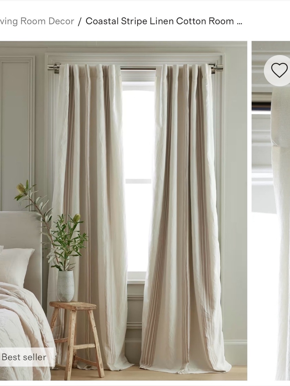 QUINCE 1panel 48x 108" Stripe Linen Cotton Curtains Ivory/Natural read all